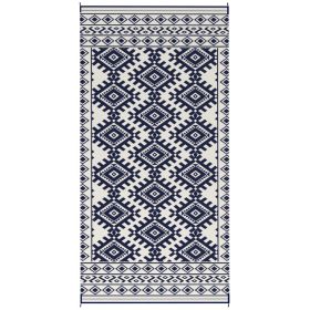 Reversible Outdoor Rug, Waterproof Plastic Straw With Carry Bag, 9 X 18, Blue & White Rhombus Border