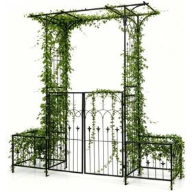 Metal Garden Arbor With Double Lockable Gate, Flat Top Garden Arch With Side Planter Boxes, Powder-Coated Climbing Plant Support