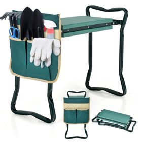 Green 2-in-1 Garden Folding Stool Kneeler, 300LBS Capacity & Built-in Tool Pouch