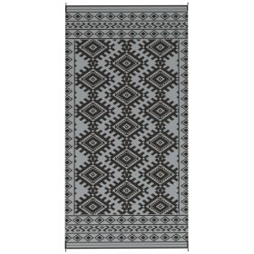 Reversible Outdoor Rug, Waterproof Plastic Straw With Carry Bag, 9 X 18, Black & Gray Rhombus Border