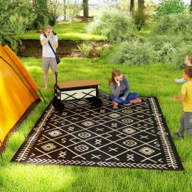 Reversible Outdoor Rug, Waterproof Plastic Straw With Carry Bag, 9 X 12, Black & Beige Rhombus